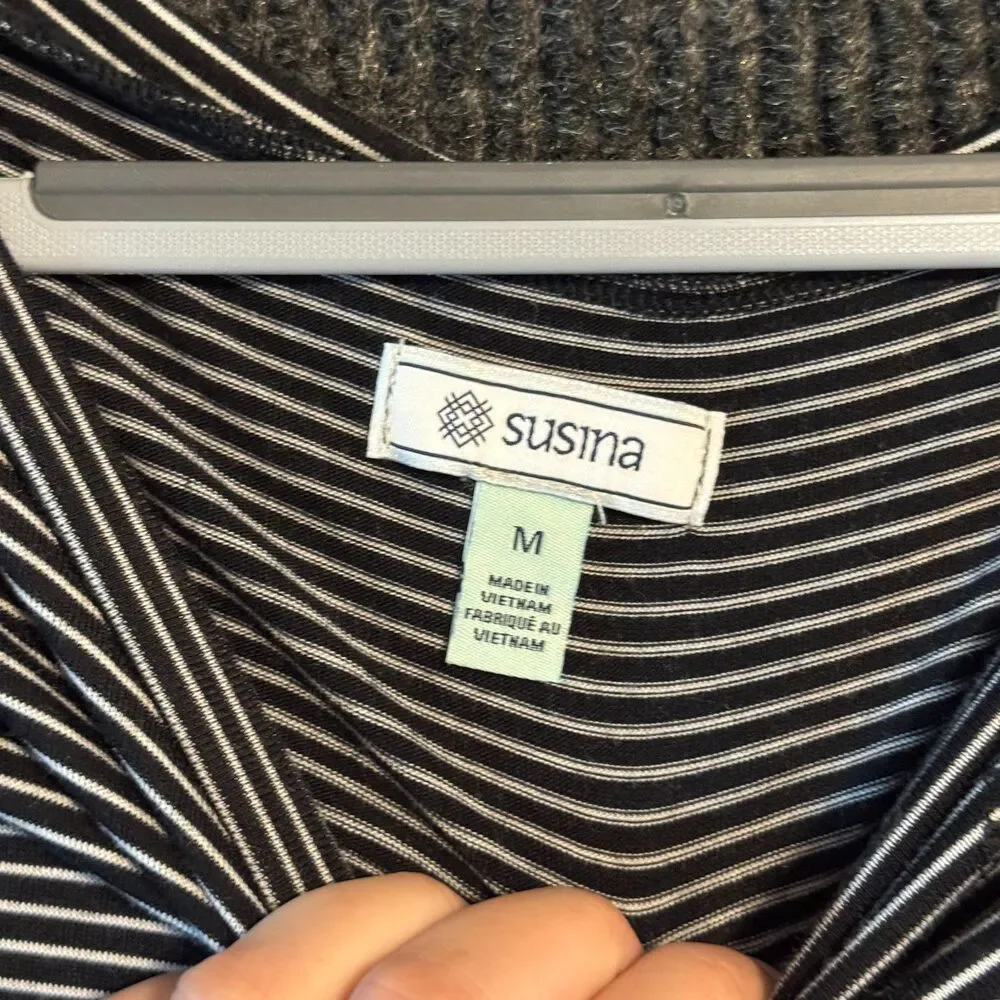 Susina Black White Striped Long Sleeve Top Tie Cuff Sz M